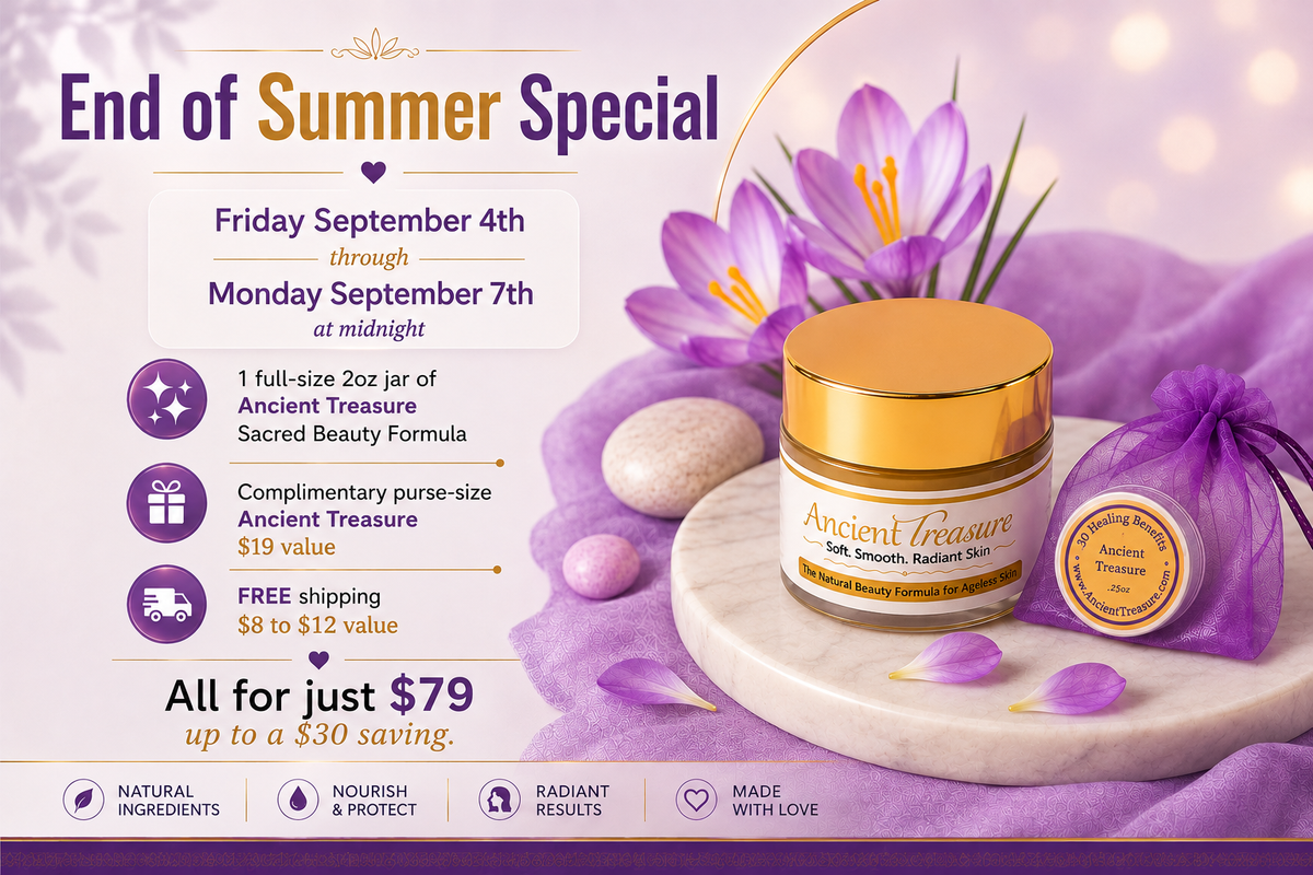 End Summer Sale: 2oz jar of Ancient Treasure Sacred Beauty Formula + purse size